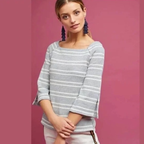 Anthropologie Tops - Anthropologie Postmark Square Neck Flare Sleeve Blue White Striped Top